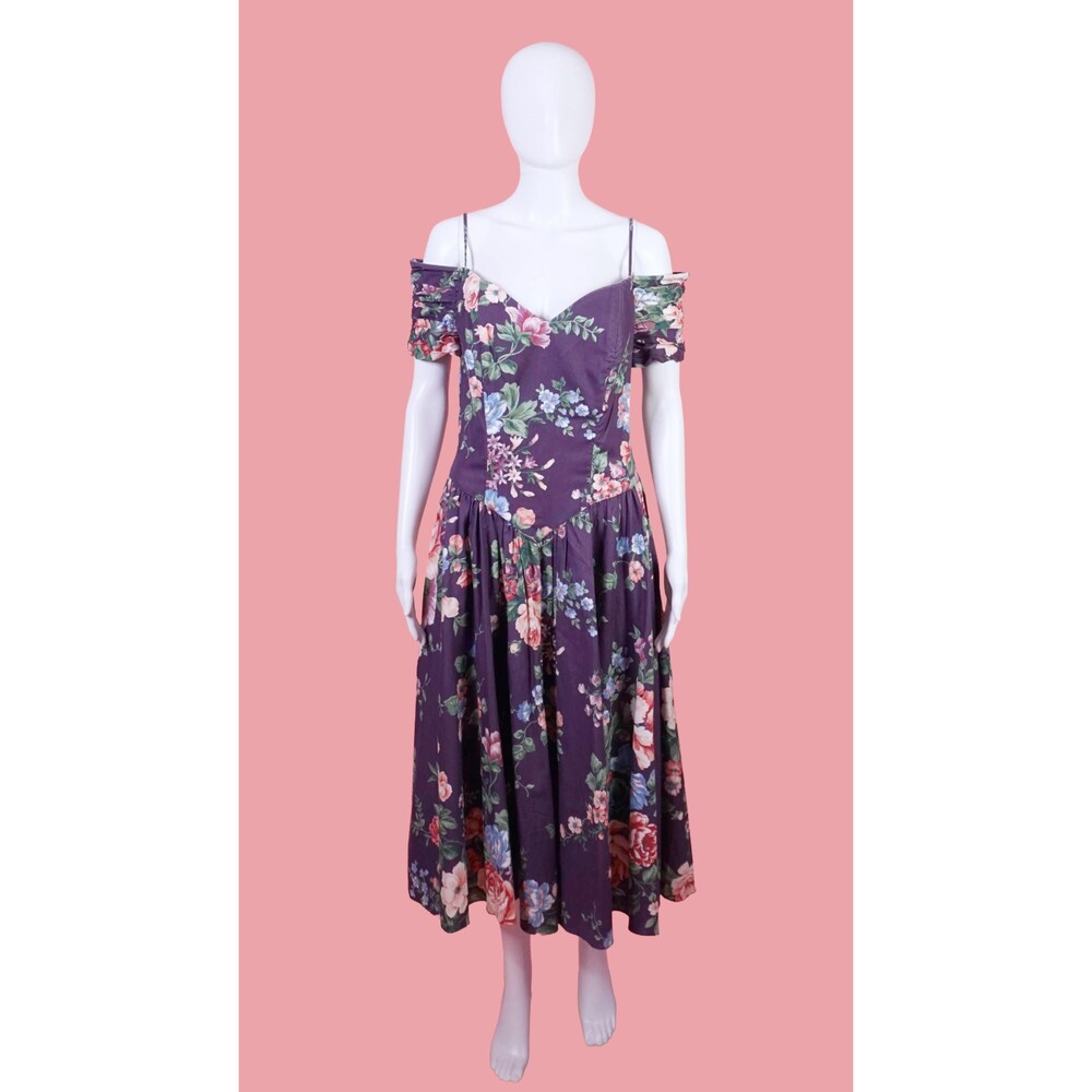 1980s KARIN STEVENS Floral Off Shoulder Smocked  Sweetheart Dress W/POCKETS. S-M